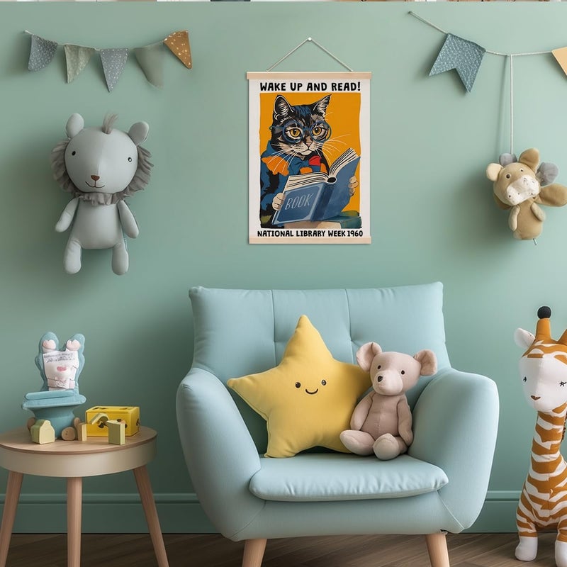 XFN Funny Reading Cat Poster Hanger, Reading Nook Library Decor Wall Decor, Educational Posters Wall Art Wall Hanging Banner Farmhouse Classroom Bedroom Reading Room Apartment Home Decor - Image 4